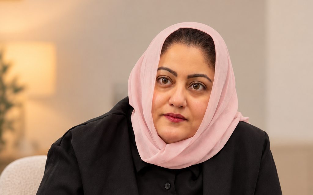 Nayaab Rais seated in an armchair, listening