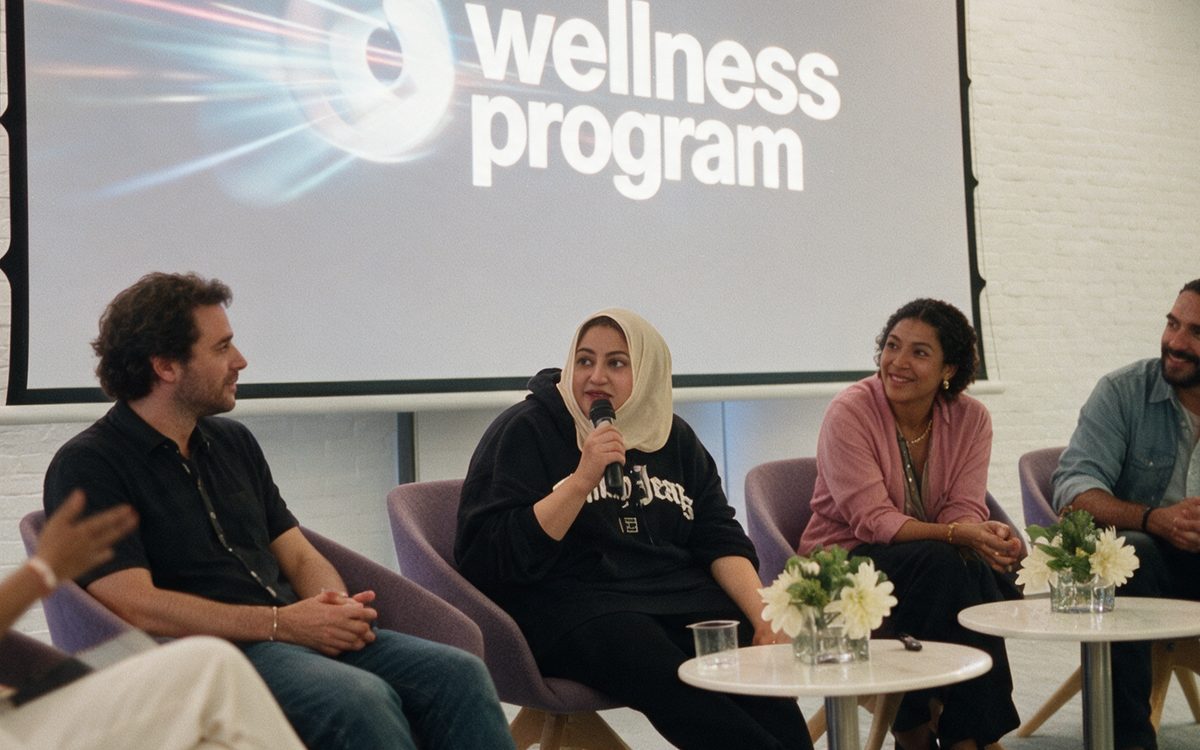 Nayaab Rais speaking on a wellness programme panel